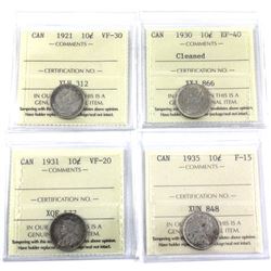 1921 VF-30, 1930 EF-40(cleaned), 1931 VF-20 & 1935 F-15 Canada 10-cent ICCS Certified. 4pcs