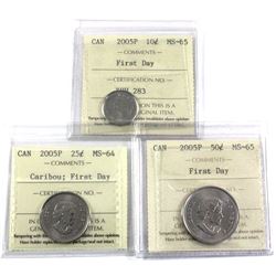 2005P Canada First day 10-cet MS-65, 25-cent MS-64  & 50-cent MS-65 ICCS Certified. 3pcs