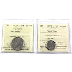 2005P Canada First Day 10-cent MS-65 & 2005P Veterans 25-cent MS-65 ICCS Certified. 2pcs