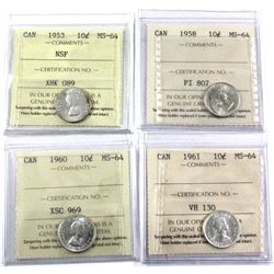 1953 NSF, 1958, 1960 & 1961 Canada 10-cent ICCS Certified MS-64. 4pcs