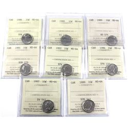 1986,1988,1989,1991,1992,1996,1997 & 1999 Canada 10-cent ICCS Certified MS-64. 8pcs