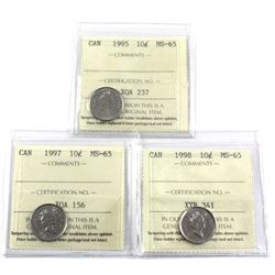 1995,1997 & 1998 Canada 10-cent ICCS Certified MS-65. 3pcs