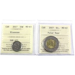 2017 Canada Bluenose 10-cent & Polar Bear $2 Polar bear ICCS Certified MS-65. 2pcs
