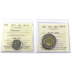 2017 Canada Bluenose 10-cent & Polar Bear $2 Polar bear ICCS Certified MS-65. 2pcs