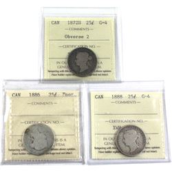 1872H Obverse 2 G-4, 1886 Poor & 1888 G-4 25-cent ICCS Certified. 3pcs