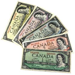 1954 Bank of Canada $1 to $20 Notes. Notes may contain minor imperfections. 5pcs