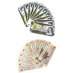 10x 1973 $1 & 10x 1986 $2 Bank of Canada Notes All UNC+ with a Decent Variety of Prefixes. 20pcs