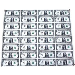 1995 USA $1 Uncut Sheet 4x8 with 32 Notes (Tape residue on 3 corners of the sheet).