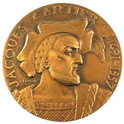 1491-1557 Jacques Cartier Bronze Medal with Canada Coat of Arms. 68mm diameter.