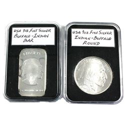 1oz Indian Head Buffalo .999 Fine Silver Bar and Round in Hard Plastic Holders. 2pcs (TAX Exempt)