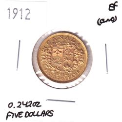 1912 Canada $5 Gold Coin Extra Fine (Cleaned). Contains 0.242oz fine gold.