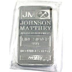 Johnson Matthey 10oz .999 Fine Silver Bar (Small toning spot). TAX Exempt