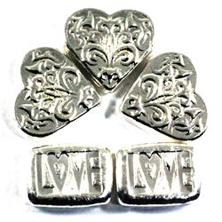 Beaver Bullion 1oz .999 Fine Poured Silver - 3x Heart & 2x Love Bars. 5pcs (TAX Exempt)