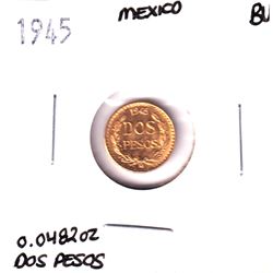 1945 Mexico 2 Pesos Gold Coin, BU. Contains 0.0482oz fine gold.