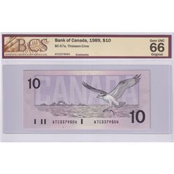 1989 BC-57a $10, Bank of Canada, Thiessen-Crow, S/N: ATC3379554, BCS Certified GUNC-66 Original.