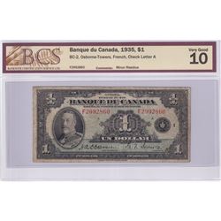 1935 BC-2 $1, Banque Du Canada, Osborne Towers, French, Check Letter A, S/N: F2992860, BCS Certified