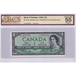 1954 BC-37aA $1, Bank of Canada, Beattie-Coyne, Modified Portrait, Replacement, S/N: *A/A0055384, BC