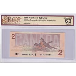 1986 BC-55bA $2, Bank of Canada, Thiessen-Crow, Small B's, Replacement, S/N: BBX4452686, BCS Certifi