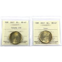 2017 Canada Loon $1 & 2017 Canada 150 $1 ICCS Certified MS-67. 2pcs