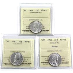 1961, 1962 & 1964 Cameo Canada 25-cent ICCS Certified MS-65. 3pcs
