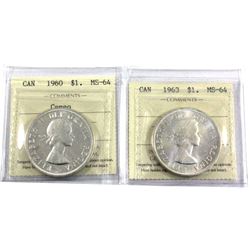 1960 Cameo & 1963 Canada Silver $1 ICCS Certified MS-64. 2pcs