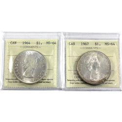 1964 & 1967 Canada Silver $1 ICCS Certified MS-64. 2pcs