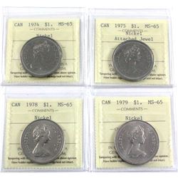 1974, 1975 Attached Jewel, 1978 & 1979 Canada Nickel $1 ICCS Certified MS-65. 4pcs