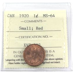 1920 Canada 1-cent Small ICCS Certified MS-64 Red.
