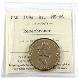1994 Canada Loon $1 Remembrance ICCS Certified MS-66.