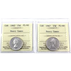 1962 & 1967 Canada 25-cent ICCS Certified PL-66 Heavy Cameo. 2pcs