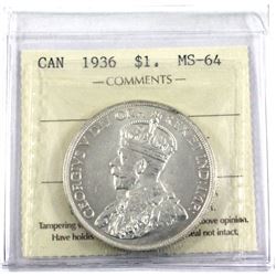 1936 Canada Silver $1 ICCS Certified MS-64.