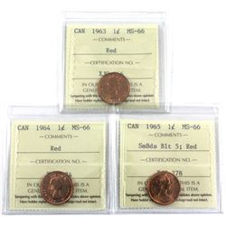 1963, 1964 & 1965 Small Beads Blunt 5 Canada 1-cent ICCS Certified MS-66 Red. 3pcs