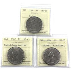 1981, 1982 Constitution & 1984 J. Cartier Canada Nickel $1 ICCS Certified MS-65. 3pcs