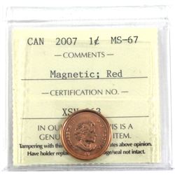 2007 Canada 1-cent Magnetic ICCS Certified MS-67 Red.