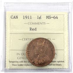 1911 Canada 1-cent ICCS Certified MS-64 Red.