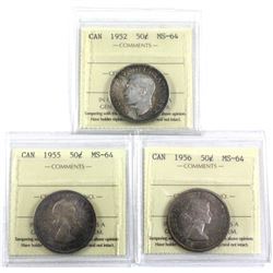 1952, 1955 & 1956 Canada 50-cent ICCS Certified MS-64. 3pcs