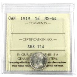 1919 Canada 5-cent ICCS Certified MS-64.