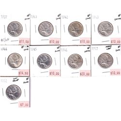Group lot of 9x 1937-1952 Canada silver 25-cents in EF condition. Date includes: 1937, 1941,1942,194