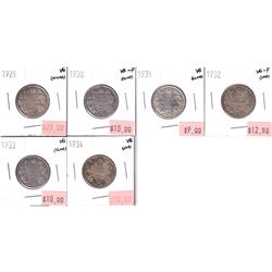 Lot of 6x 1921-1934 Canada 25-cents: dates include 1921,1930,1931,1932,1933, & 1934. 6pcs