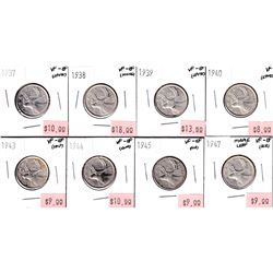 Lot of 8x 1937-1947 Canada Silver 25-cents. Dates includes 1937,1938,1939,194,1943,1944,1945 & 1947.