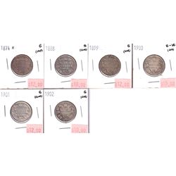 Lot of 6x 1874-1902 Canada Silver 25-cent in Good condition. Dates include: 1874H, 1888,1899,1900,19