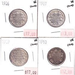 1906, 1907,1909 & 1910 Canada silver 25-cent  VG Condition.  Coins contains various imperfections. 4