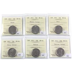 Lot of 6x  Canada 2011 25-cent ICCS Certified MS-64. lot includes : 2011 Bison, 2011 Bison Colour, 2