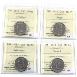 2012 Tecumseh, 2012 Brock, 2013 Salaberry & 2013 Secord 25-cent ICCS Certified MS-65. 4pcs