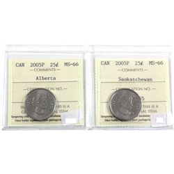 2005P Saskatchewan & 2005P Alberta 25-cent ICCS Certified MS-66. 2pcs