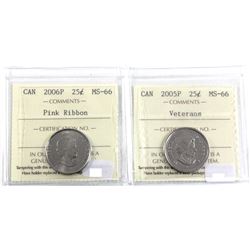 2005P Veterans & 2006P Pink Ribbons 25-cent ICCS Certified MS-66. 2pcs