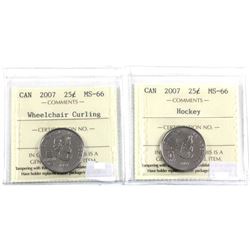 2007 Hockey & 2007 Wheelchair Curling 25-cents ICCS Certified MS-66. 2pcs