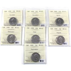 Lot of 7x 1999 Canada commemorative 25-cent ICCS Certified MS-63. you will receive October, November