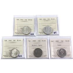 1962-1969 Canada 25-cent ICCS Certified coins. Dates include: 1962 MS-64, 1963 PL-65, 1965 MS-64, 19