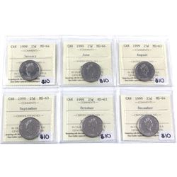 6x 1999 Canada commemorative 25-cent ICCS Certified MS-63/64.  you will receive January, June, Augus